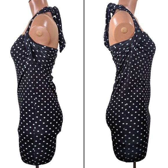 Anthro XS NWT Black & White Polka Dot Lined Stretch Halter Tank Top Mini Dress - Picture 6 of 11